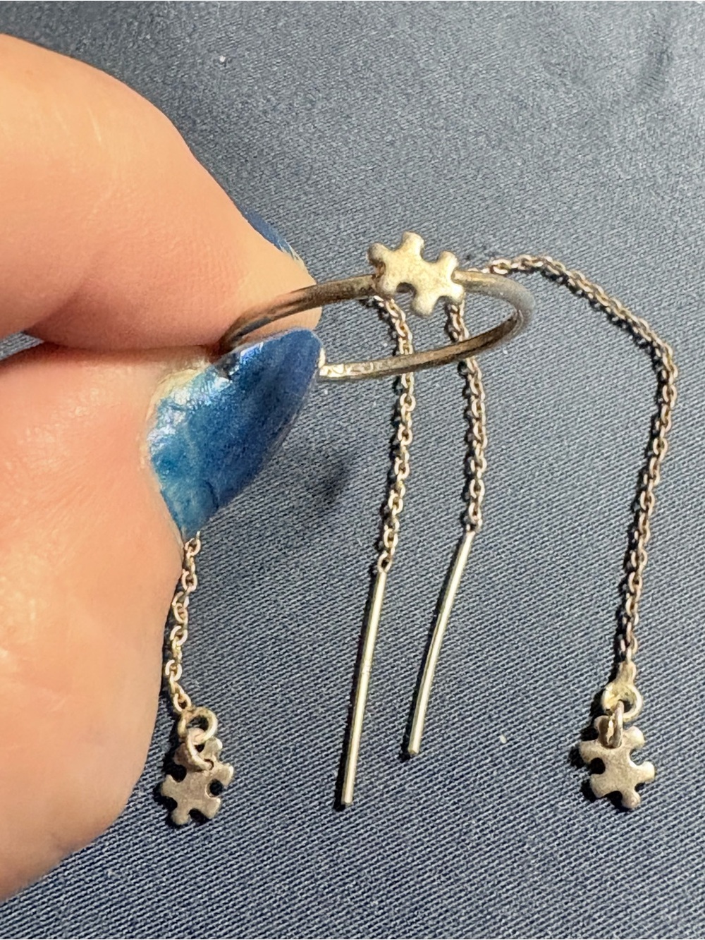Delicate Silver Threader Earrings with Puzzle Charm and puzzle ring size 7